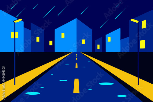 Night City Streetscape Rainy Night, City Lights, and Empty Road