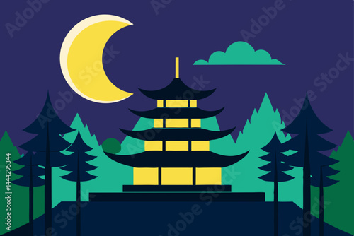 Serene Night Scene Pagoda Silhouette Under Crescent Moon