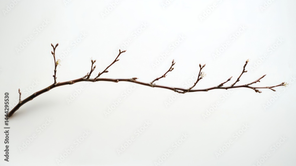 A softly curved willow branch floating in empty white space, macro photography A softly curved willow branch floating in empty white space, macro photography