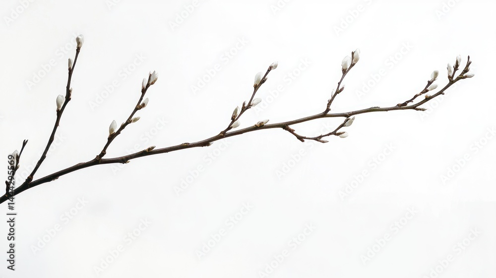 A softly curved willow branch floating in empty white space, macro photography A softly curved willow branch floating in empty white space, macro photography