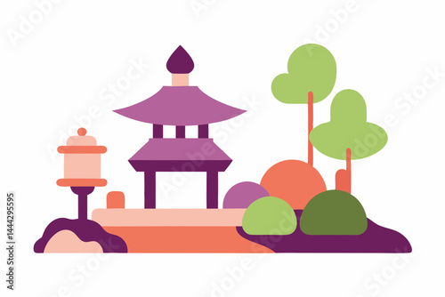 Serene Japanese Garden Illustration Pagoda, Lantern, and Lush Greenery