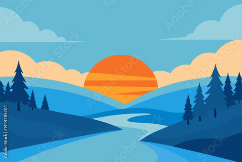 Serene Sunset Landscape River, Mountains, and Pines Silhouette