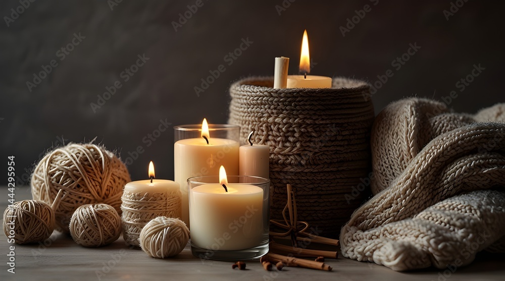 Cozy home composition with candles, aroma sticks and a knitted element. generative.ai Cozy home composition with candles, aroma sticks and a knitted element. generative.ai