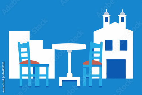 Charming Mediterranean Cafe Scene Tables, Chairs, and Church View