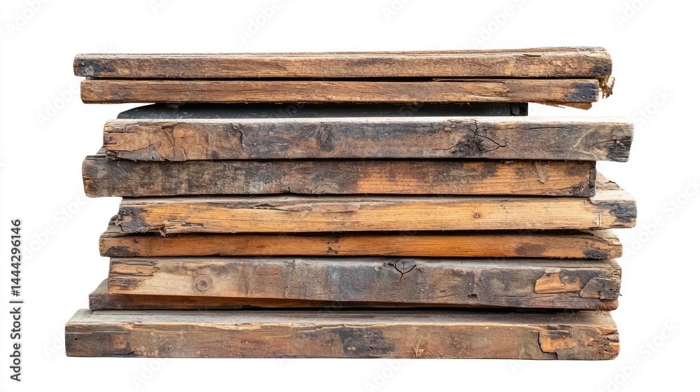 A stack of wooden window frames with distressed edges and rough texture on white background. A stack of wooden window frames with distressed edges and rough texture on white background.