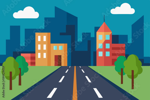Cityscape Road Urban Landscape Illustration of City Buildings and Road