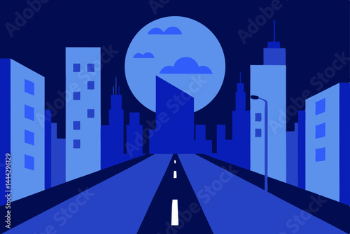 Nocturnal Cityscape A Serene Nighttime Road Leading to the Moonlit Skyline