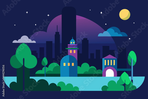 Night Cityscape Flat Design Illustration of Urban Park at Night