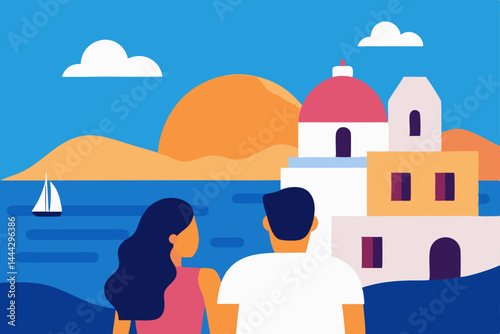 Romantic Sunset in Santorini Couple's Greece Vacation Illustration