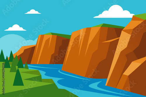 Majestic River Gorge A Stunning Landscape Illustration of a Serene River Winding Through Imposing Cliffs
