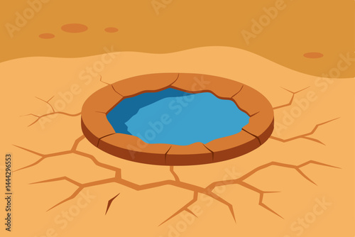 Desert Oasis A Small Pool of Water in a Cracked, Dry Earth