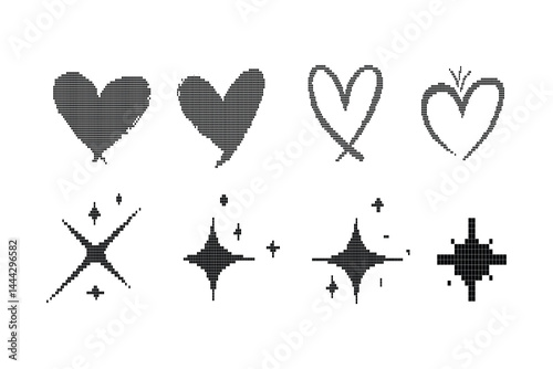 Pixel star dazzle icon collection.  A collection of abstract brutalism shapes with pixel Y2K bling throwback elements