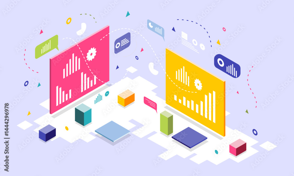 Modern Infographic Layout with Vibrant Colored Data Panels and Floating Graph Elements Modern Infographic Layout with Vibrant Colored Data Panels and Floating Graph Elements