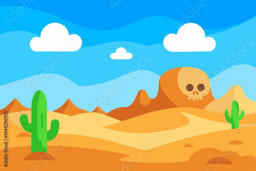 Desert Skull Landscape Arid Scene with Cacti and Skull Rock Formation