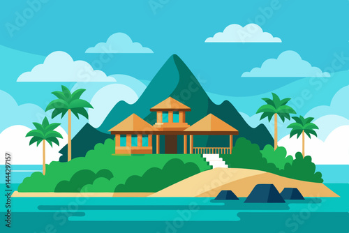 Tropical Island Paradise Dream House Escape Getaway Illustration