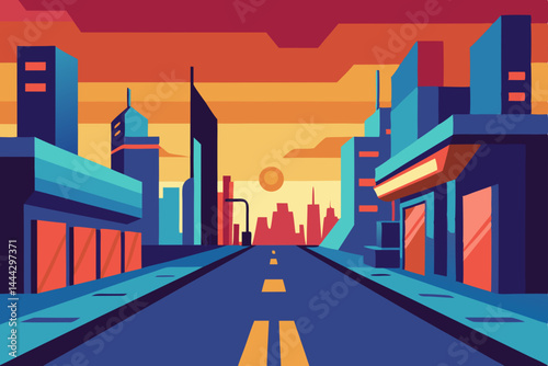 Vibrant Cityscape Sunset Streetscape Illustration