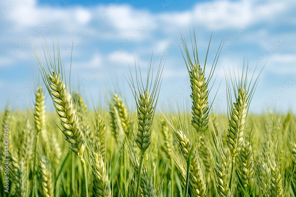 Close-up of a vibrant wheat field swaying gently under a sunny blue sky Close-up of a vibrant wheat field swaying gently under a sunny blue sky