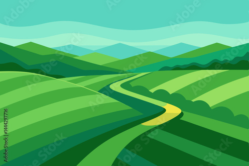 Serene Green Valley Landscape Rolling Hills, Winding Path, and Lush Meadows