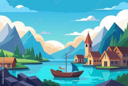 Serene Lakeside Village A Picturesque Mountain View Illustration