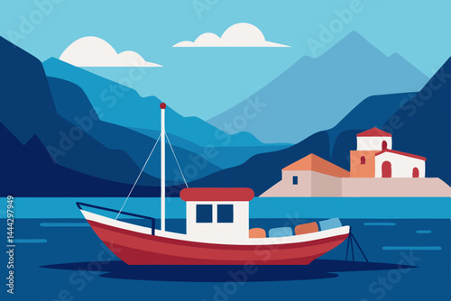 Serene Coastal Village Boat at Anchor in Picturesque Mountain Bay