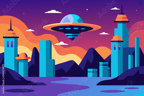 Futuristic Cityscape UFO Encounter Over Vibrant Alien Metropolis