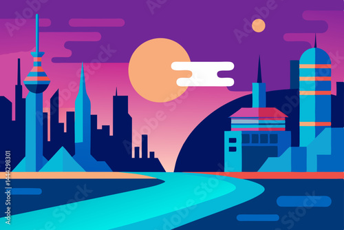 Futuristic Cityscape A Vibrant, Stylized Urban Landscape at Sunset