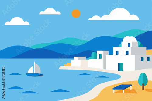 Mediterranean Coastal Village Sun, Sea, and Serenity in a Summer Paradise Illustration