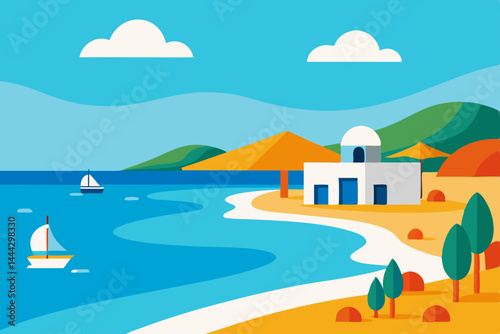 Mediterranean Coastal Paradise  A Vibrant Summer Seascape Illustration