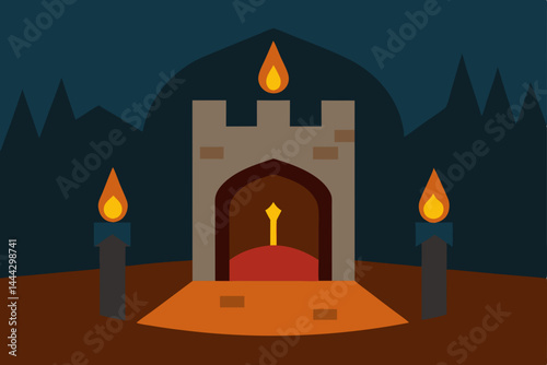 Mystical Castle at Night Illuminated Tower with Flaming Torches