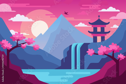 Serene Sunset Landscape Japanese Pagoda, Cherry Blossoms, and Waterfall