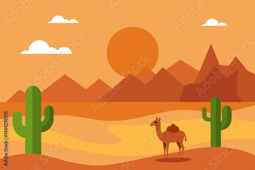 Sunset Camel Silhouette in Desert Landscape A Serene Oasis Illustration