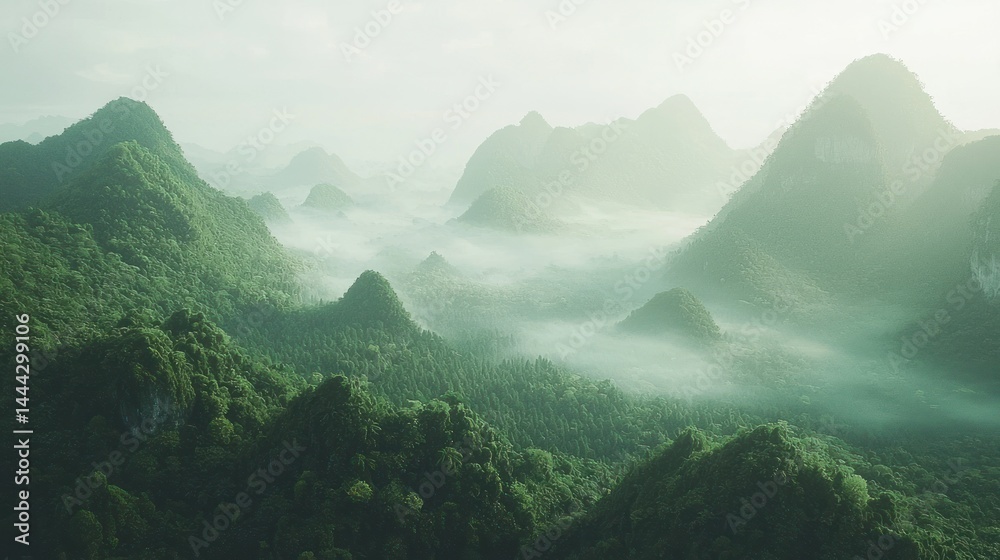 Obraz premium Aerial view of a mist-covered tropical rainforest with towering mountains at dawn, on white
