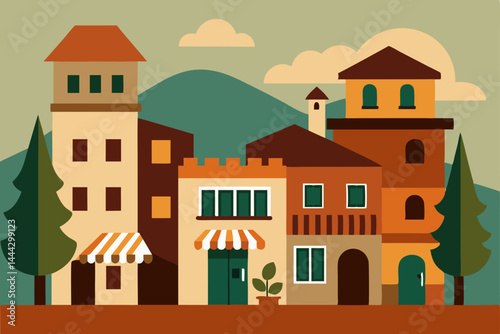 Charming Mediterranean Village Illustration Colorful Buildings, Scenic Landscape
