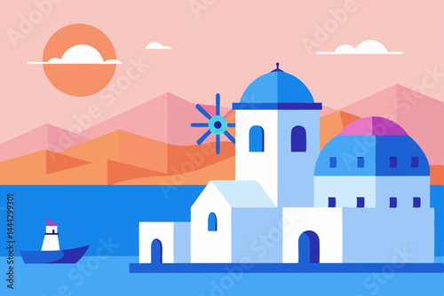 Mediterranean Island Village Sunset A Flat Design Illustration