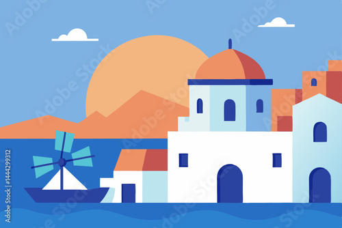 Sunset over the Aegean Charming Greek Island Village Illustration