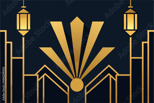 Elegant Art Deco Design Gold Geometric Patterns and Lanterns