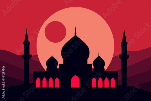 Majestic Mosque Silhouette Against a Crimson Moon A Serene Night Scene