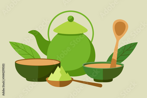 Serene Matcha Tea Ceremony Traditional Japanese Tea Set Illustration