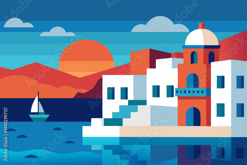 Mediterranean Sunset Vibrant Coastal Town Illustration