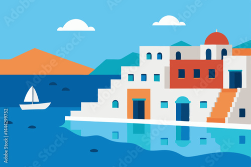 Mediterranean Coastal Town A Vibrant Seaside Village Illustration