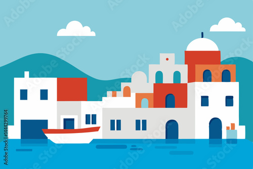 Charming Mediterranean Coastal Village  A Vibrant Illustration of Island Life