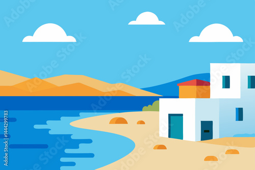 Mediterranean Coastal Village  Serene Beach House Illustration