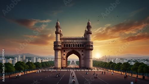 Watercolor painting of Charminar depicting vibrant streets historical architecture and lively surroundings in Hyderabad India