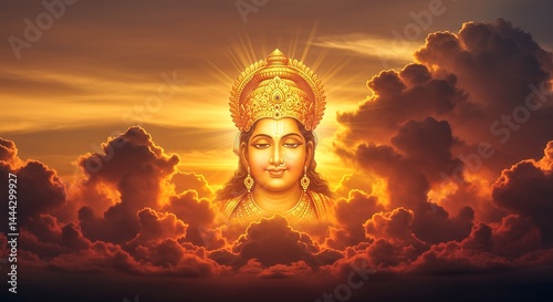 Surya (Sun God) Depiction Emerging from Clouds at Dawn with Radiant Light