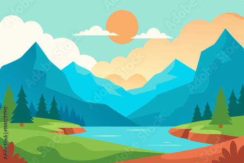 Serene Mountain Lake Landscape Sunrise Vista Illustration