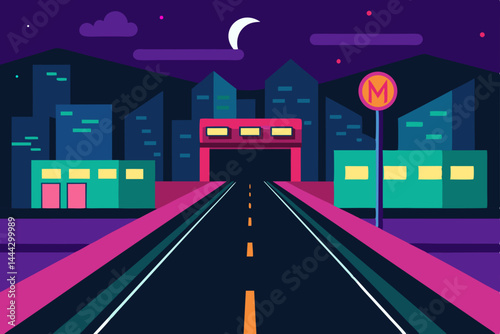 Night Cityscape Metro Entrance and Road Leading to Urban Exploration