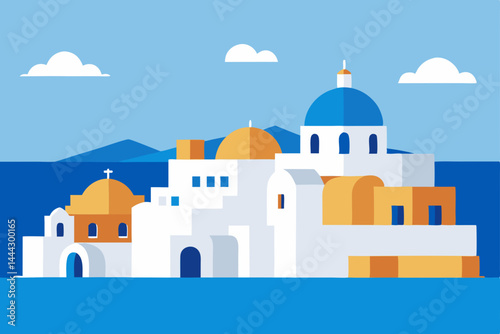 Mediterranean Island Village  A Charming Coastal Escape, Blue Domes and Whitewashed Houses