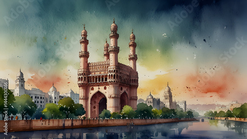 Watercolor painting of Charminar depicting vibrant streets historical architecture and lively surroundings in Hyderabad India