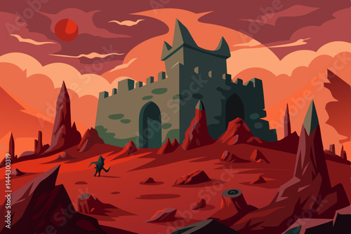 A lone figure approaches the ominous, ancient castle in a desolate, crimson landscape. 