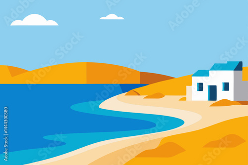 Serene Coastal Escape  Mediterranean Beach House and Sunny Landscape Illustration